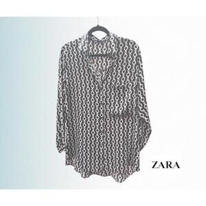 ZARA Black and White Chain Pattern Long Sleeve Blouse, Size EU 32 / USA XL